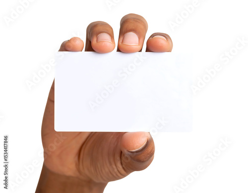 Hand holding blank card presentation isolated