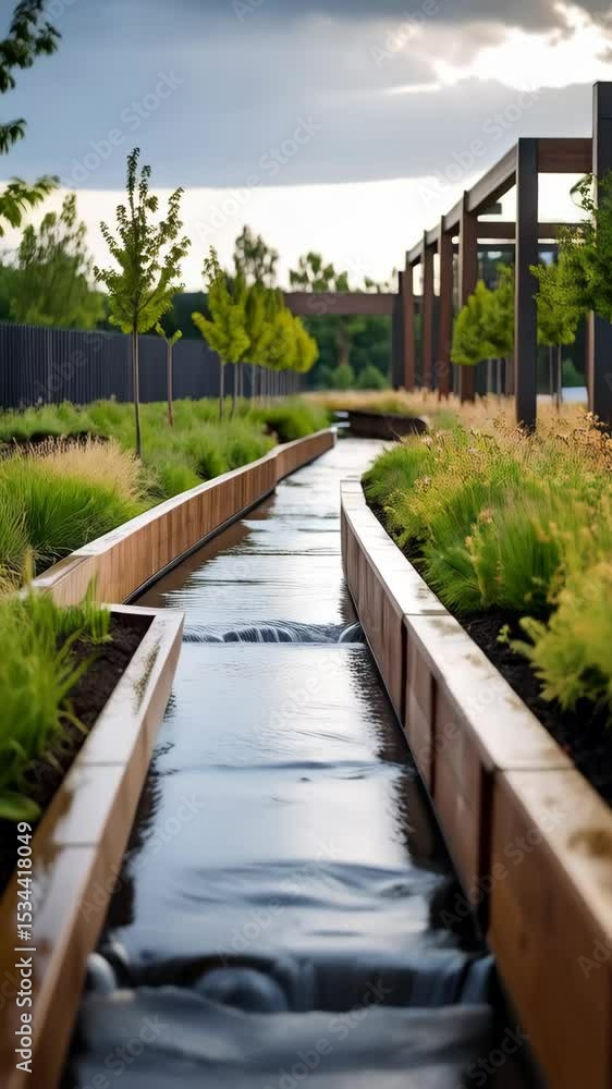 Elegant water feature flowing through modern landscaping design with wooden retaining walls and ornamental grasses on a cloudy day Elegant water feature flowing through modern landscaping design with wooden retaining walls and ornamental grasses on a cloudy day