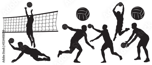 Vector art of dynamic black and white vector silhouettes of volleyball players in action, isolated on white background