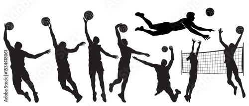 Vector art of dynamic silhouettes of volleyball players in action, isolated on white background, a vector illustration capturing the energy of the game