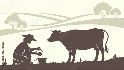 Farmer Milking Cow Silhouette Illustration Rural Farm Scene Traditional Agriculture Dairy Farming