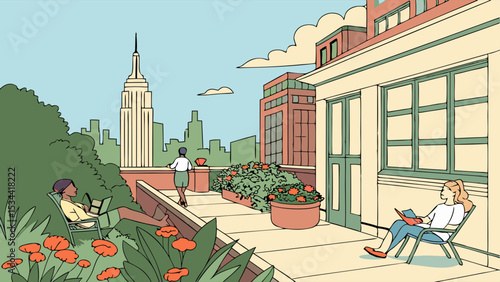People relaxing in New York City rooftop garden with skyline view. Urban green space, leisure, lifestyle illustration.