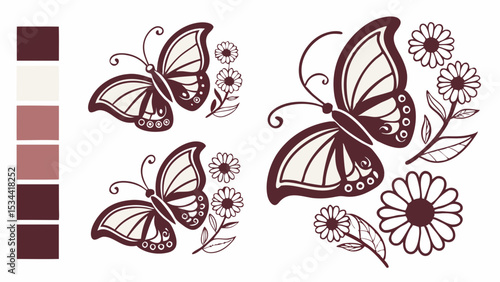 Elegant Beautiful Vintage Retro Butterflies Flowers Nature Vector Illustration Graphic Design Element Clip Art Sticker Set