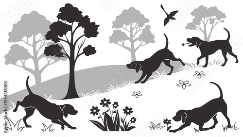Black and white silhouette illustration of happy dogs running, playing, and sniffing flowers in an outdoor park landscape with trees and a bird.