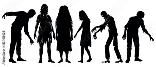Vector art of a haunting procession of six zombies, isolated on white background, their tattered clothes and skeletal forms a stark vector illustration of undead horror