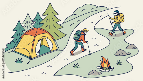 People hiking and camping in nature with tent campfire and trees on a mountain trail