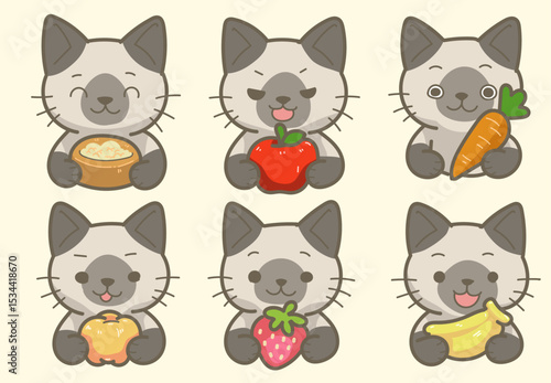 Cute Gray Cat with Fruits and Vegetables - Vector Set