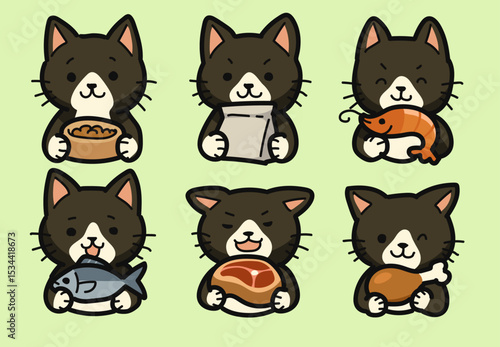 Cute Black Cat Holding Various Foods - Vector Illustration Set