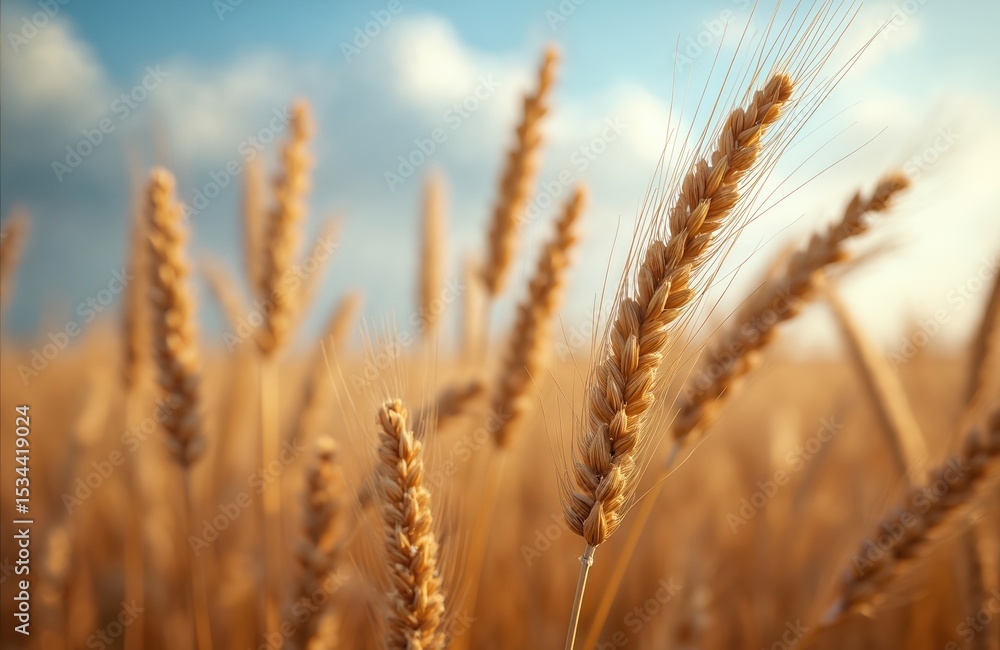 Close-up view of ripe wheat stems against blue sky background. Golden wheat field during sunny day. Agriculture, farming concept. Cereals, food, harvest, autumn season time. Wheat ears details. Close-up view of ripe wheat stems against blue sky background. Golden wheat field during sunny day. Agriculture, farming concept. Cereals, food, harvest, autumn season time. Wheat ears details.