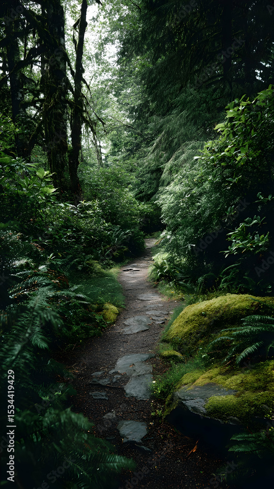 Obraz premium A peaceful forest trail surrounded by lush greenery -