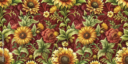 Vibrant floral pattern featuring sunflowers and roses in warm hues.