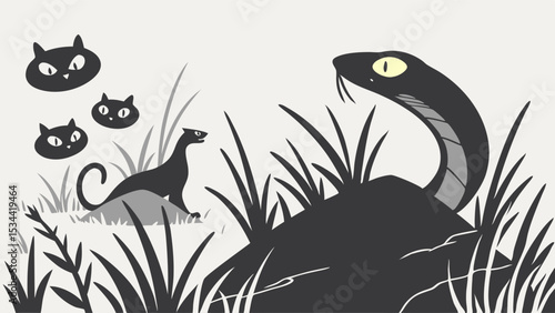Snake vs mongoose illustration danger fear scared cats wild animal encounter nature scene simple graphic design element