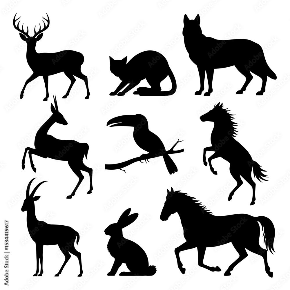 Fototapeta premium Silhouettes of various animals in black and white