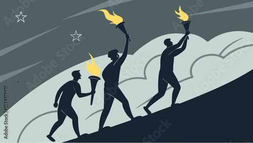 Teamwork Leadership Journey Uphill with Torches Towards Success and Stars Ambition Progress