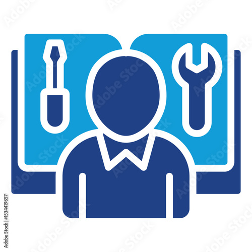 Instructor Guide Dual Tone Color Fill Silhouette - Person in front of open book with tools indicating guided training by an instructor or mentor
