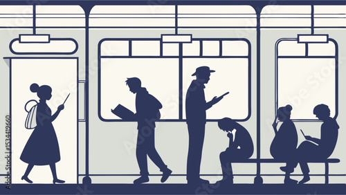 People commuting on train subway public transport daily life flat illustration silhouettes urban travel