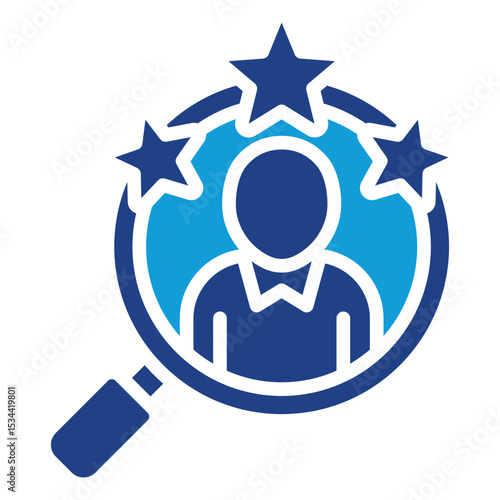 Talent Screening Dual Tone Color Fill Silhouette Icon - Magnifying glass highlighting a person surrounded by stars, symbolizing talent identification and trainee evaluation