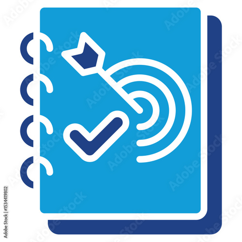 Target Achieved Dual Tone Color Fill Silhouette Icon - Checklist and target in a notebook represent completed tasks and achieved milestones by the trainee