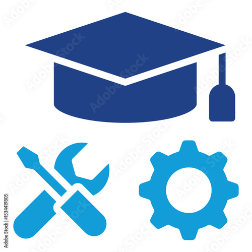 Technical Education Dual Tone Color Fill Silhouette Icon - Graduation cap with wrench and gear, symbolizing technical skill learning for trainee development