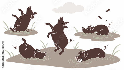 Cute happy pigs playing and splashing in mud puddles outdoors