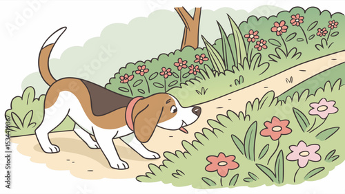 Cute happy beagle dog sniffing colorful flowers in a sunny park. Pet animal exploring nature outdoors.