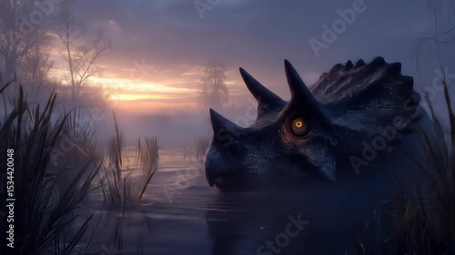 A triceratops watches at dusk Reeds rustle in the foreground A somber atmosphere pervades the misty landscape Ancient nature evokes a sense of prehistoric wonder
