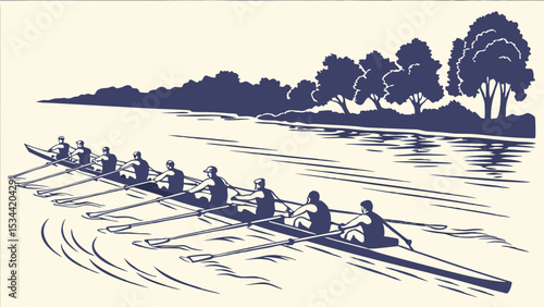Vintage engraved style illustration of a rowing crew boat on a river. Team sport, effort, harmony, nature drawing.