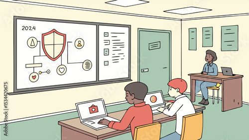 Young students learning about data security and online safety in school classroom with teacher and computers.