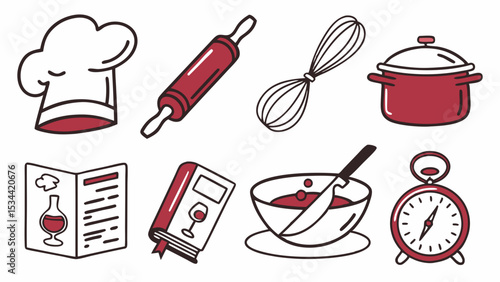 Hand Drawn Cooking Kitchen Icons Set Chef Hat Rolling Pin Whisk Pot Recipe Cookbook Bowl Timer Food Preparation Vector