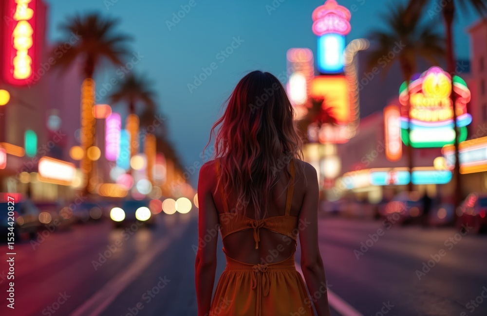 Obraz premium Young woman walks down Las Vegas street at twilight. City illuminated by colorful neon lights iconic landmarks. Neon signs light up evening, creating vibrant city atmosphere. Travel, tourism.
