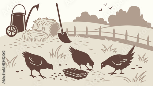 Rural Farm Illustration with Chickens Hay Bales and Agriculture Tools Vintage Style