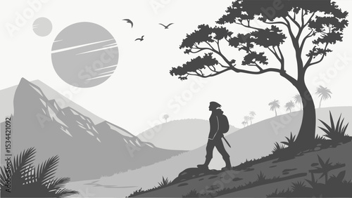Hiking man nature outdoors landscape adventure travel journey freedom exploration mountains trees sky silhouette illustration