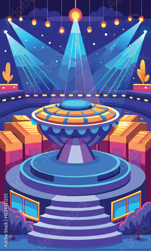 Futuristic stage design illuminated by stage lights with a central decorative element