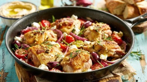 Chicken thighs surrounded by cherry tomatoes, olives, red onion and feta cheese. A little olive oil is poured on top. In the background is a table with a bowl of hummus and a loaf of crusty bread.
