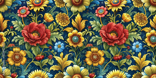 Vibrant floral pattern with intricate designs on a deep blue background.
