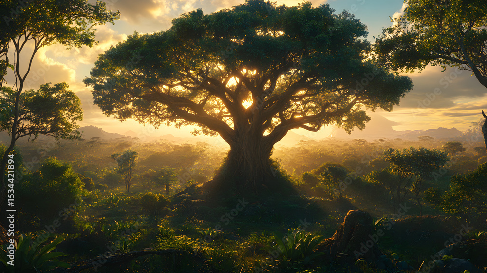 Obraz premium Sunlight filtering through a majestic tree in a lush, expansive savanna landscape