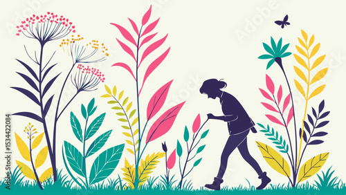 Colorful nature illustration silhouette person walking in vibrant flower field plants graphic