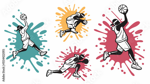 Dynamic Basketball Players Sport Action Graphic Illustration Set With Colorful Paint Splatters