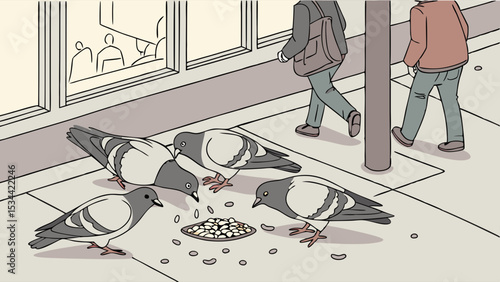 Flock of Pigeons Eating Seeds on City Sidewalk Urban Birds Feeding Outdoors with Pedestrians Walking