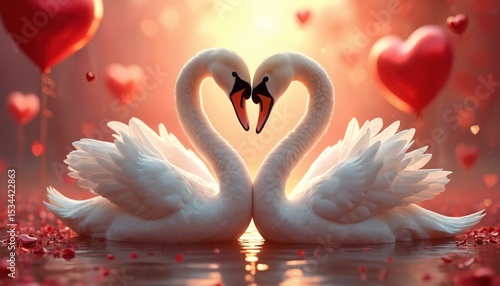Fototapeta Naklejka Na Ścianę i Meble -  Two white swans form heart shape kissing. Romantic birds at valentine background with hearts. Love, relationship, dating concept, wedding, proposal idea, passion, honeymoon, engagement.