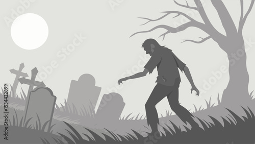 Spooky Halloween zombie walking in a dark graveyard at night horror concept undead creature illustration