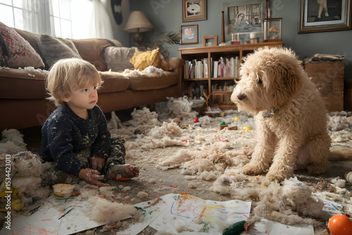 A playful toddler and dog making a mess in a living room    -