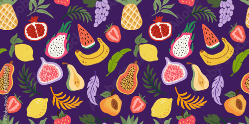 Seamless tropical fruit pattern with colorful hand-drawn bananas, lemons, dragon fruits, papayas, figs, pears, pomegranates, strawberries, grapes, watermelon and leaves on purple background