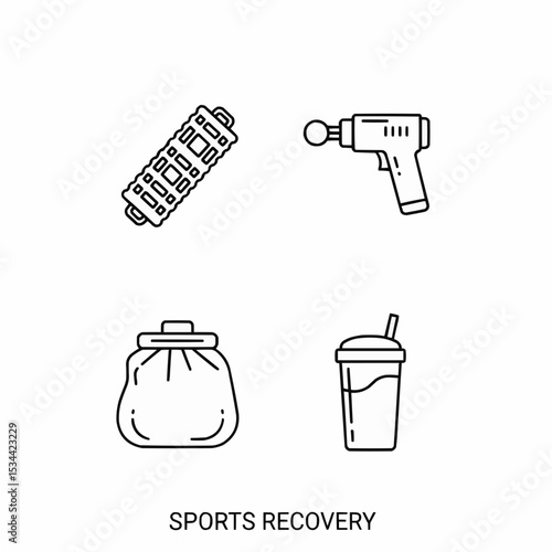 Vector illustration showcasing sports recovery items such as roller, massage gun, ice pack, and drink cup.