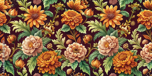 Vibrant floral pattern featuring sunflowers and peonies in warm hues.