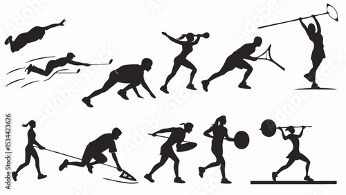 Sports and Fitness Silhouettes. Athletes Training, Running, Swimming, Weightlifting, Javelin Throw. Exercise and Workout Vector Set.