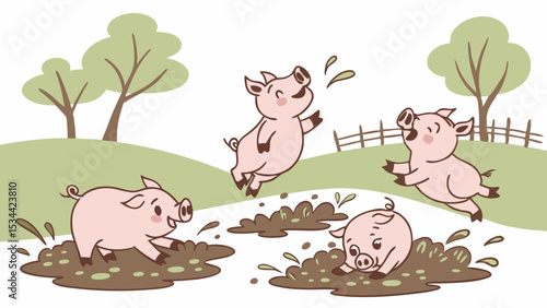 Cute cartoon pigs playing in muddy puddles. Happy farm animal illustration having fun.