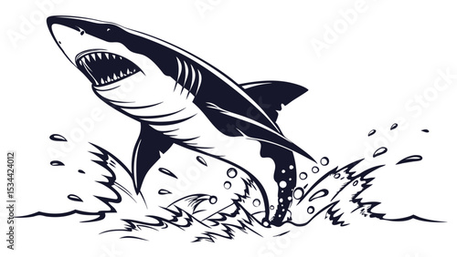 Dynamic shark jumping out of water. Powerful ocean predator action illustration drawing. Marine life concept.