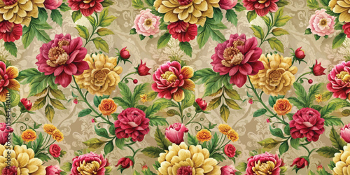 Vibrant floral pattern with rich colors in a vintage design.