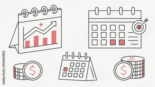Business Finance Planning Growth Calendar Target Money Icons Set. Financial Success Investment Time Management Illustration.